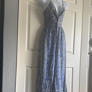 Elegant Blue Patterned Halter Dress